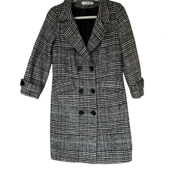 Ladies Double breasted Coat Black/White Button up - Picture 2 of 8